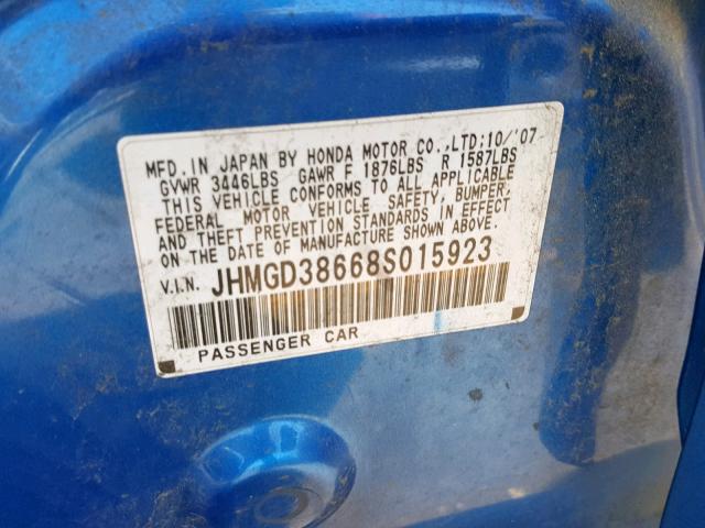 JHMGD38668S015923 - 2008 HONDA FIT SPORT BLUE photo 10