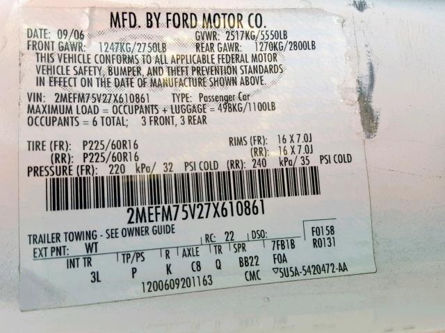 2MEFM75V27X610861 - 2007 MERCURY GRAND MARQ WHITE photo 10