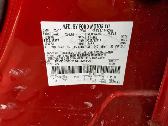 2FMDK3GC1ABB24609 - 2010 FORD EDGE SE RED photo 10