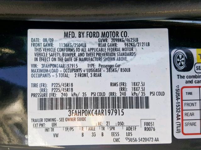 3FAHP0KC4AR197915 - 2010 FORD FUSION SPO BLACK photo 10