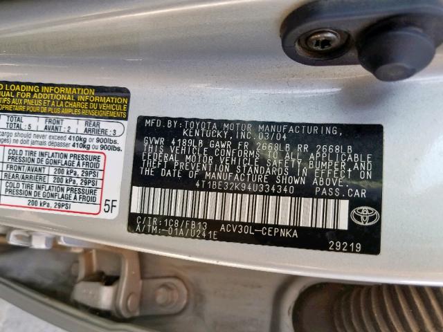 4T1BE32K94U334340 - 2004 TOYOTA CAMRY LE SILVER photo 10