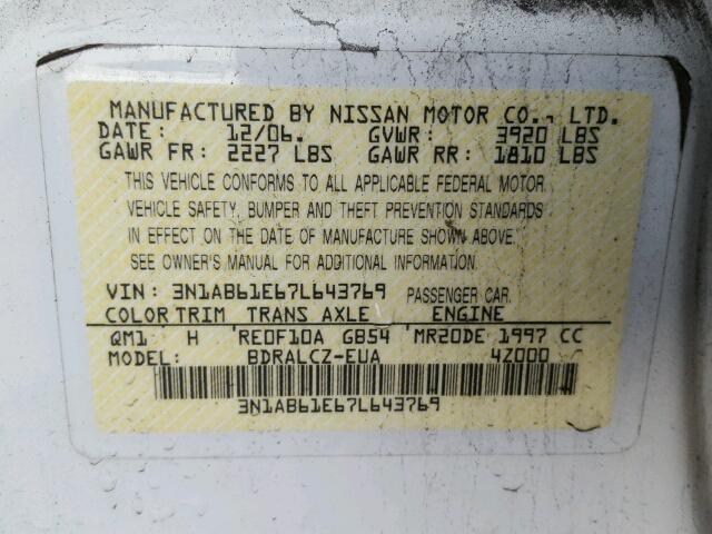 3N1AB61E67L643769 - 2007 NISSAN SENTRA 2.0 WHITE photo 10