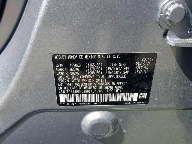 3CZRU6H56HG701769 - 2017 HONDA HR-V EX SILVER photo 10