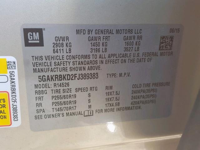 5GAKRBKD2FJ389383 - 2015 BUICK ENCLAVE BEIGE photo 10