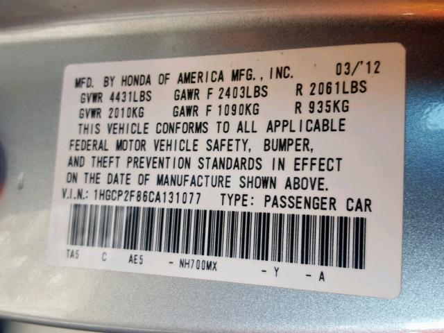 1HGCP2F86CA131077 - 2012 HONDA ACCORD EXL SILVER photo 10