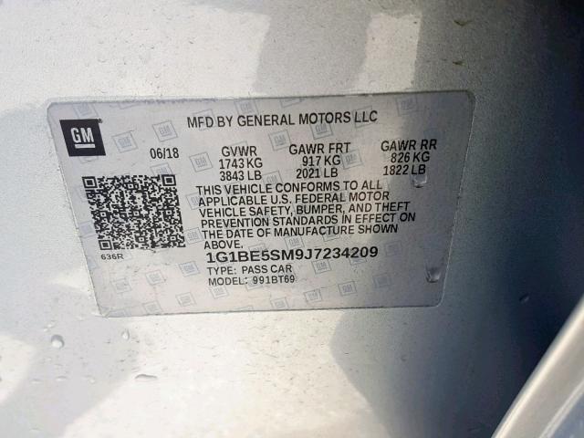 1G1BE5SM9J7234209 - 2018 CHEVROLET CRUZE LT SILVER photo 10