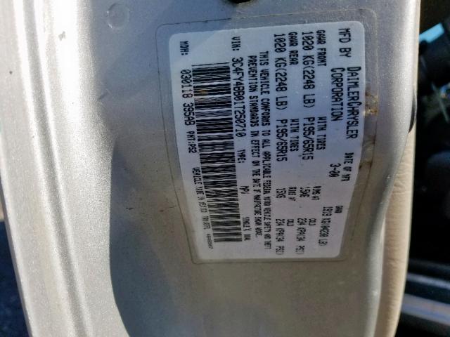 3C4FY4BB01T250710 - 2001 CHRYSLER PT CRUISER SILVER photo 10