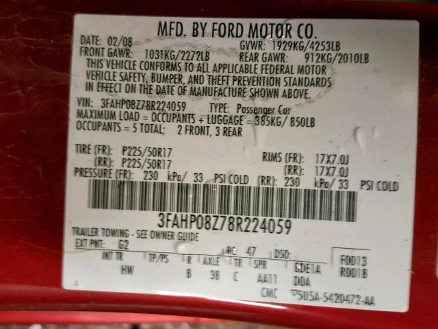 3FAHP08Z78R224059 - 2008 FORD FUSION SEL RED photo 10
