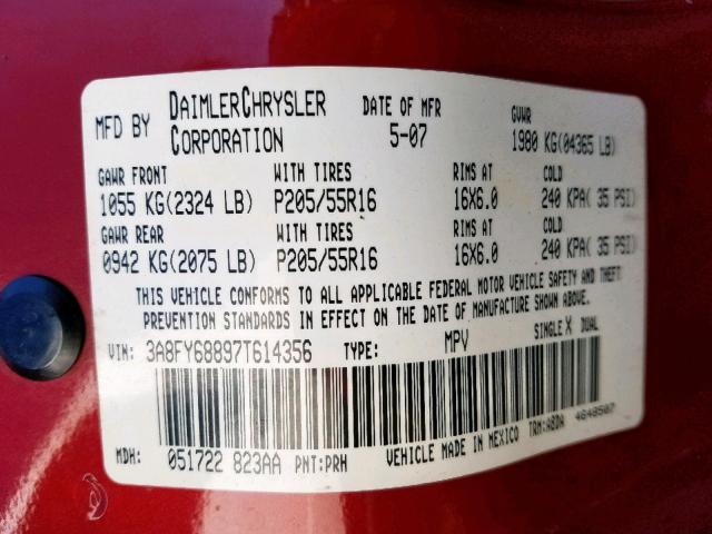 3A8FY68897T614356 - 2007 CHRYSLER PT CRUISER RED photo 10