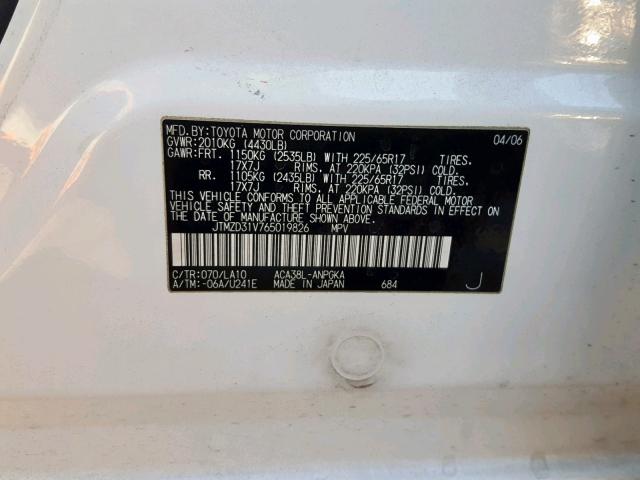 JTMZD31V765019826 - 2006 TOYOTA RAV4 LIMIT WHITE photo 10