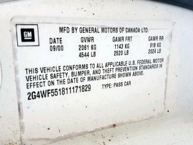 2G4WF551811171829 - 2001 BUICK REGAL GS WHITE photo 10