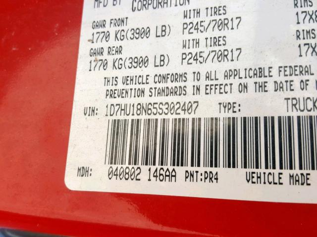 1D7HU18N65S302407 - 2005 DODGE RAM 1500 S RED photo 10