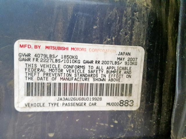 JA3AU26U68U019928 - 2008 MITSUBISHI LANCER ES GRAY photo 10