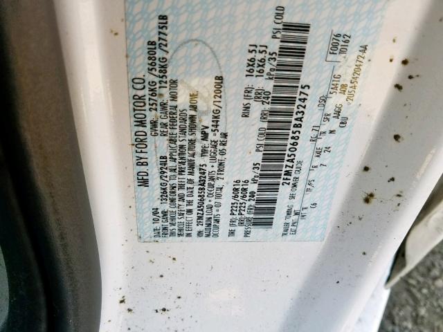 2FMZA50685BA32475 - 2005 FORD FREESTAR S WHITE photo 10