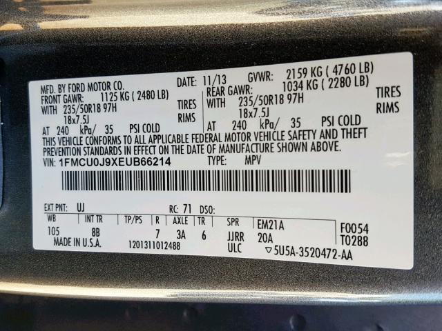 1FMCU0J9XEUB66214 - 2014 FORD ESCAPE TIT CHARCOAL photo 10