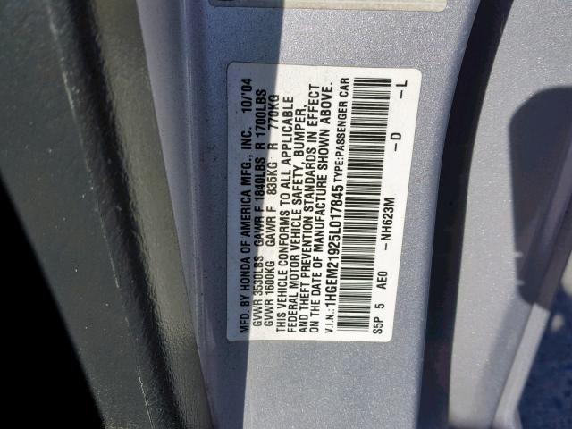 1HGEM21925L017845 - 2005 HONDA CIVIC EX SILVER photo 10