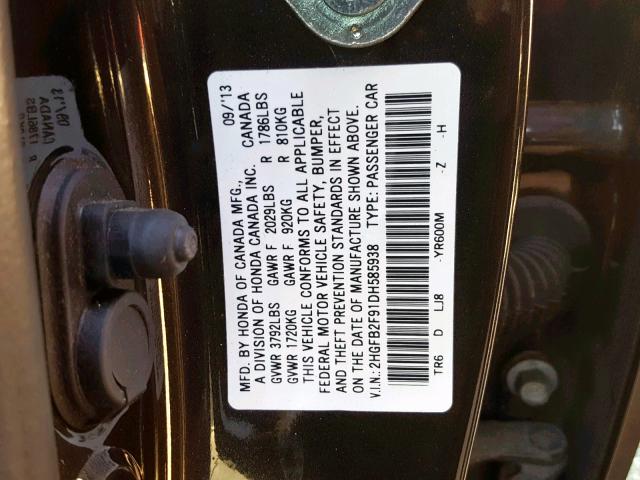 2HGFB2F91DH585938 - 2013 HONDA CIVIC EXL 黑色 照片 10