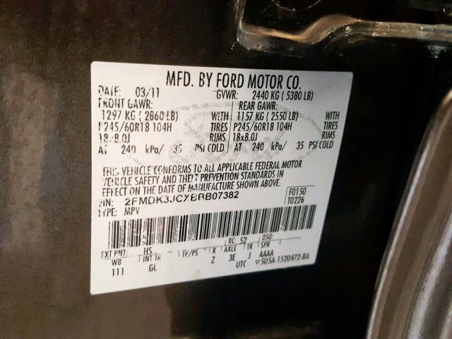 2FMDK3JCXBBB07382 - 2011 FORD EDGE SEL GRAY photo 10