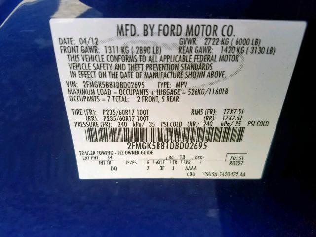 2FMGK5B81DBD02695 - 2013 FORD FLEX SE BLUE photo 10