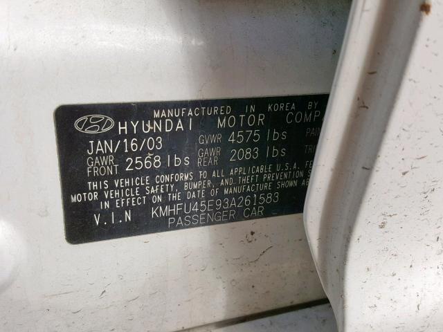 KMHFU45E93A261583 - 2003 HYUNDAI XG 350 WHITE photo 10