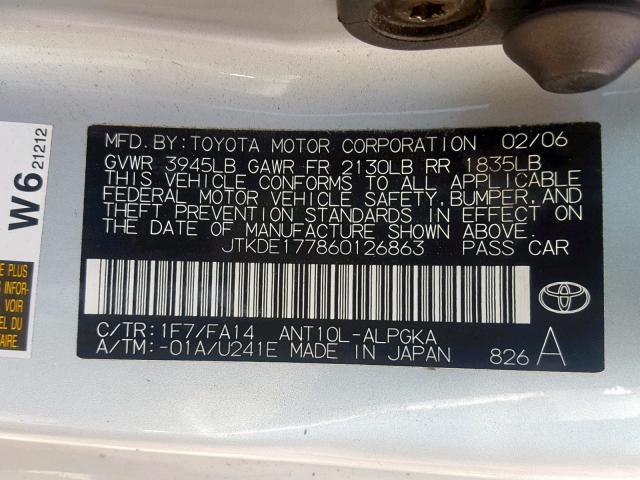 JTKDE177860126863 - 2006 TOYOTA SCION TC ვერცხლისფერი ფოტო 10