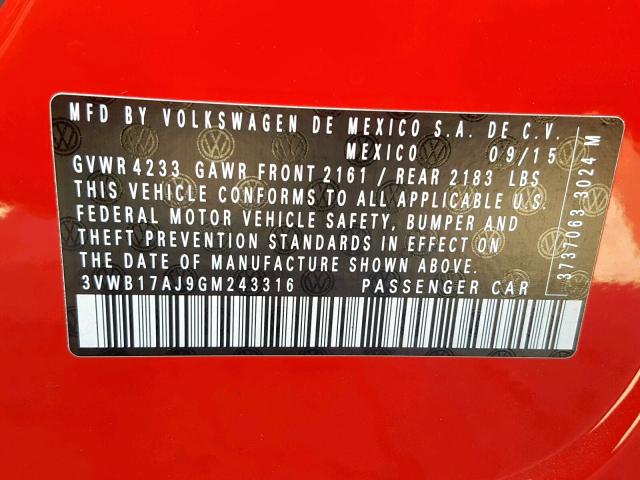 3VWB17AJ9GM243316 - 2016 VOLKSWAGEN JETTA SPOR RED photo 10