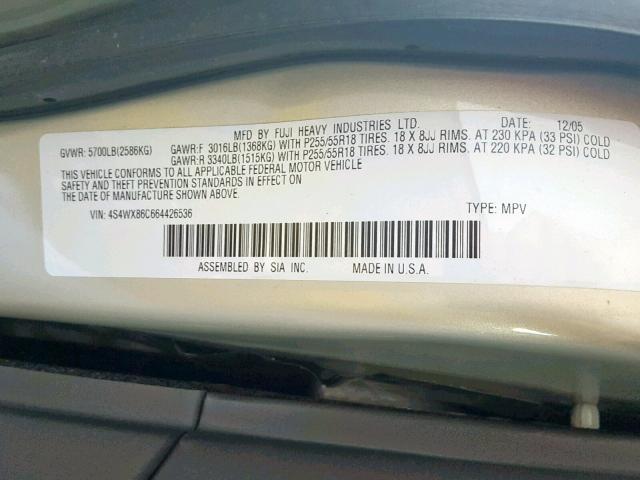 4S4WX86C664426536 - 2006 SUBARU B9 TRIBECA GOLD photo 10