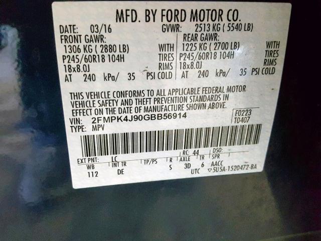 2FMPK4J90GBB56914 - 2016 FORD EDGE SEL BLUE photo 10