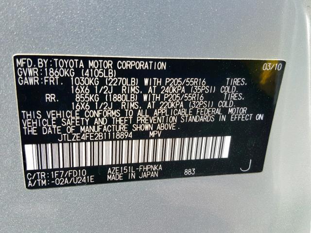 JTLZE4FE2B1118894 - 2011 TOYOTA SCION XB Silber Foto 10