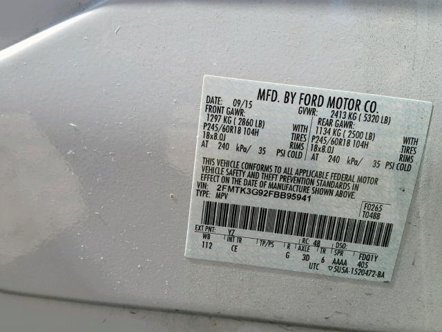 2FMTK3G92FBB95941 - 2015 FORD EDGE SE WHITE photo 10