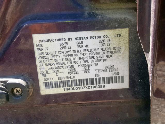 1N4DL01D7XC198388 - 1999 NISSAN ALTIMA XE PURPLE photo 10