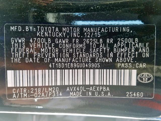 4T1BD1EB9GU049905 - 2016 TOYOTA AVALON HYB BLACK photo 10