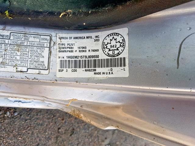 1HGEM21573L809550 - 2003 HONDA CIVIC LX SILVER photo 9