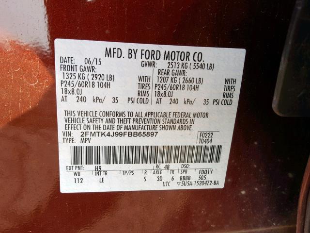 2FMTK4J99FBB65897 - 2015 FORD EDGE SEL BROWN photo 10