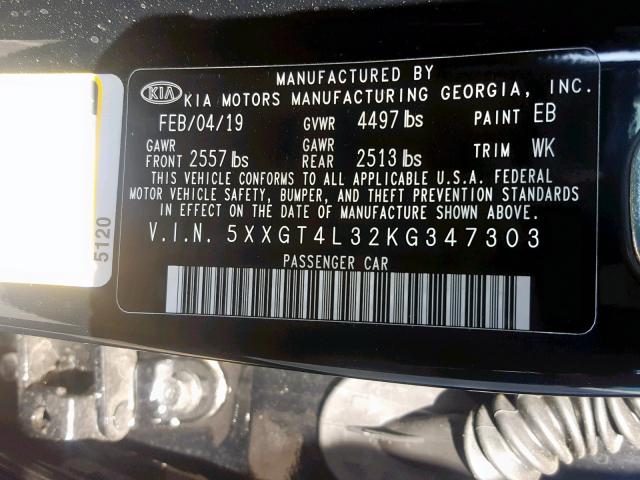 5XXGT4L32KG347303 - 2019 KIA OPTIMA LX BLACK photo 10