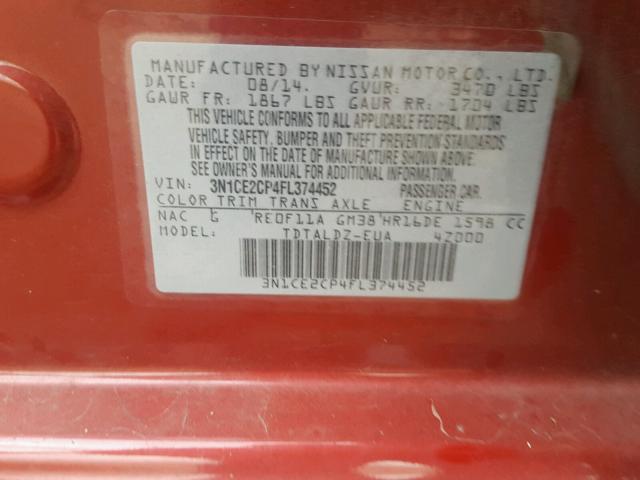 3N1CE2CP4FL374452 - 2015 NISSAN VERSA NOTE RED photo 10