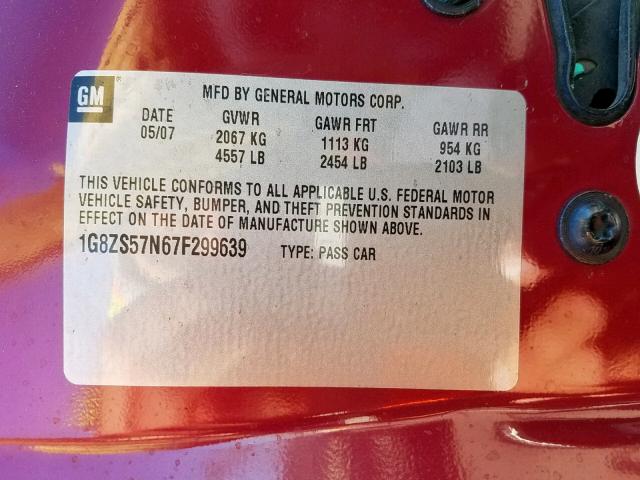 1G8ZS57N67F299639 - 2007 SATURN AURA XE RED photo 10