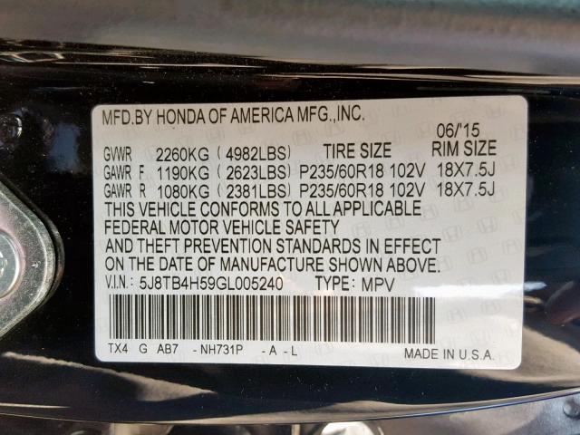 5J8TB4H59GL005240 - 2016 ACURA RDX TECHNO BLACK photo 10