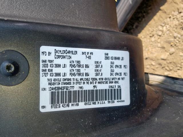 1D4HS38N63F621777 - 2003 DODGE DURANGO SP GRAY photo 10