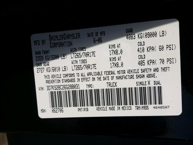 3D7KS28C26G288031 - 2006 DODGE RAM 2500 S შავი ფოტო 10