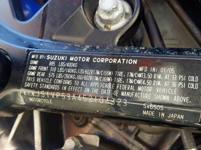 JS1VP53A452104323 - 2005 SUZUKI SV650 BLUE photo 10