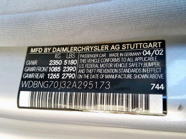 WDBNG70J32A295173 - 2002 MERCEDES-BENZ S 430 SILVER photo 10