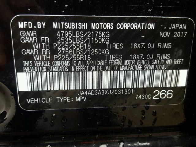 JA4AD3A3XJZ031301 - 2018 MITSUBISHI OUTLANDER BLACK photo 10