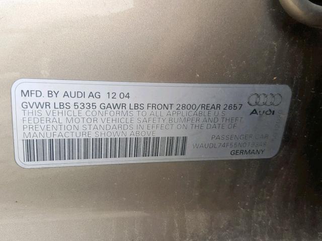 WAUDL74F55N079348 - 2005 AUDI A6 4.2 QUA TAN photo 10