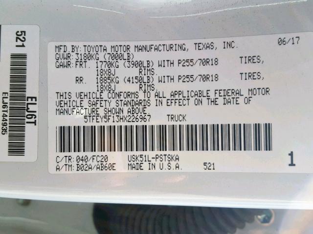 5TFEY5F13HX226967 - 2017 TOYOTA TUNDRA CRE WHITE photo 10