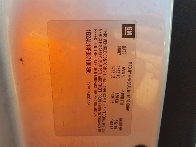 1G2AL18F387100496 - 2008 PONTIAC G5 SILVER photo 10