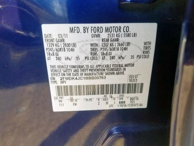 2FMDK4JC1BBB00763 - 2011 FORD EDGE SEL BLUE photo 10