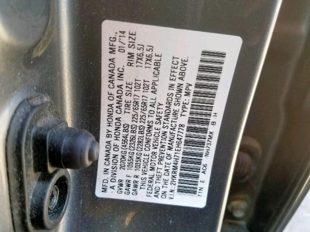 2HKRM4H71EH647778 - 2014 HONDA CR-V EXL GRAY photo 10