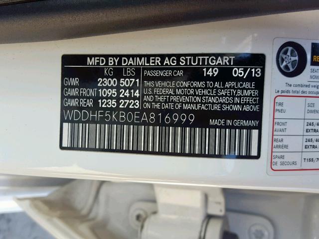 WDDHF5KB0EA816999 - 2014 MERCEDES-BENZ E 350 WHITE photo 10