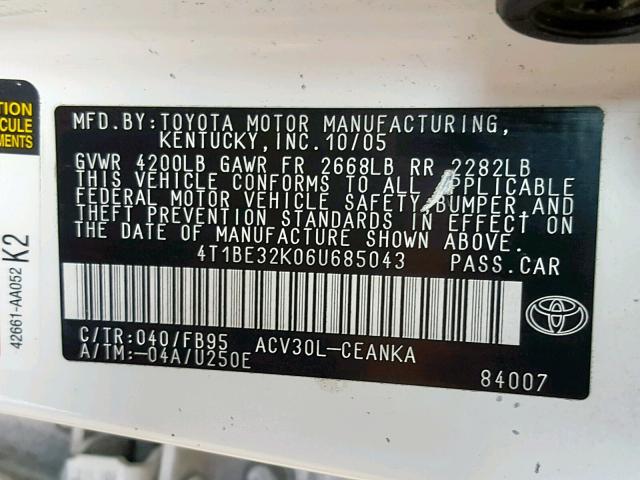 4T1BE32K06U685043 - 2006 TOYOTA CAMRY LE WHITE photo 10